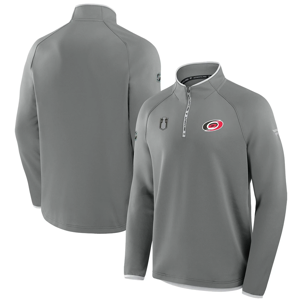 Pull en molleton Authentic Pro gris à fermeture éclair quart de tour pour homme, Hurricanes la Caroline, séries éliminatoires Coupe Stanley 2025