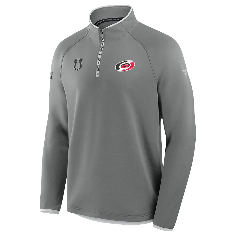 Pull en molleton Authentic Pro gris à fermeture éclair quart de tour pour homme, Hurricanes la Caroline, séries éliminatoires Coupe Stanley 2025