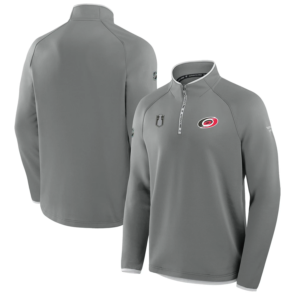 Pull en molleton Authentic Pro gris à fermeture éclair quart de tour pour homme, Hurricanes la Caroline, séries éliminatoires Coupe Stanley 2025