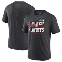 T-shirt tri-mélange à barre transversale des séries éliminatoires de la Coupe Stanley 2024 Hurricanes Caroline Heather Charcoal Fanatics pour hommes