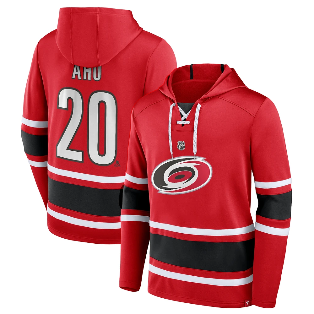 Men's Fanatics Sebastian Aho Red Carolina Hurricanes Name & Number Lace-Up Pullover Hoodie