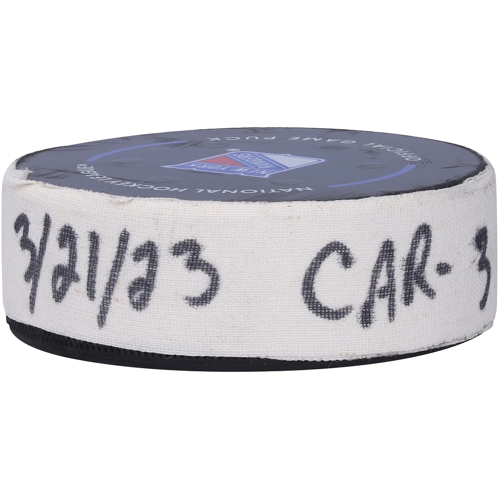Teuvo Teravainen Carolina Hurricanes Game-Used Goal Puck from March 21, 2023 vs. New York Rangers