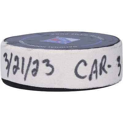 Teuvo Teravainen Carolina Hurricanes Game-Used Goal Puck from March 21, 2023 vs. New York Rangers