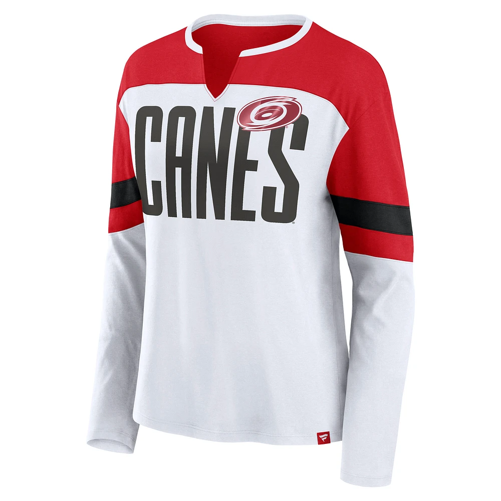 T-shirt à manches longues et col cranté pour femme Fanatics blanc/rouge Carolina Hurricanes Frozen