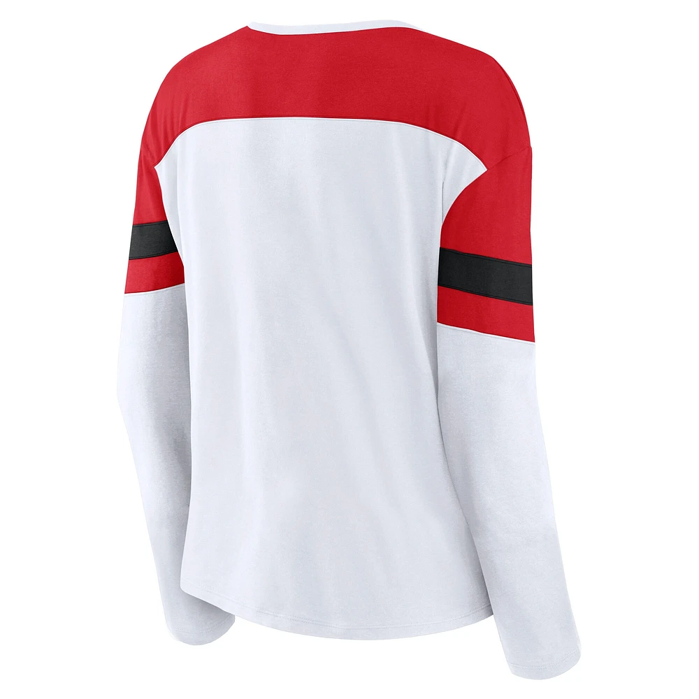 Women's Fanatics White/Red Carolina Hurricanes Frozen Long Sleeve Notch Neck T-Shirt