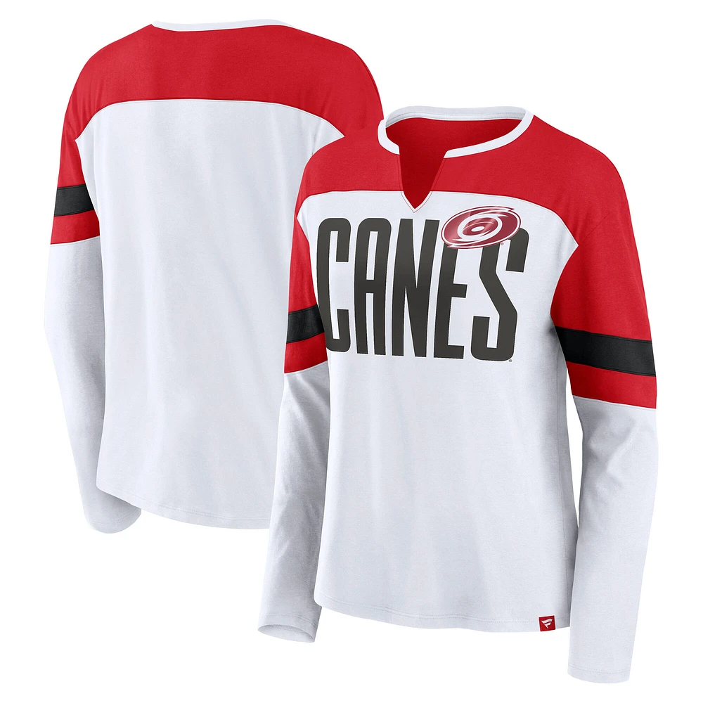 T-shirt à manches longues et col cranté pour femme Fanatics blanc/rouge Carolina Hurricanes Frozen