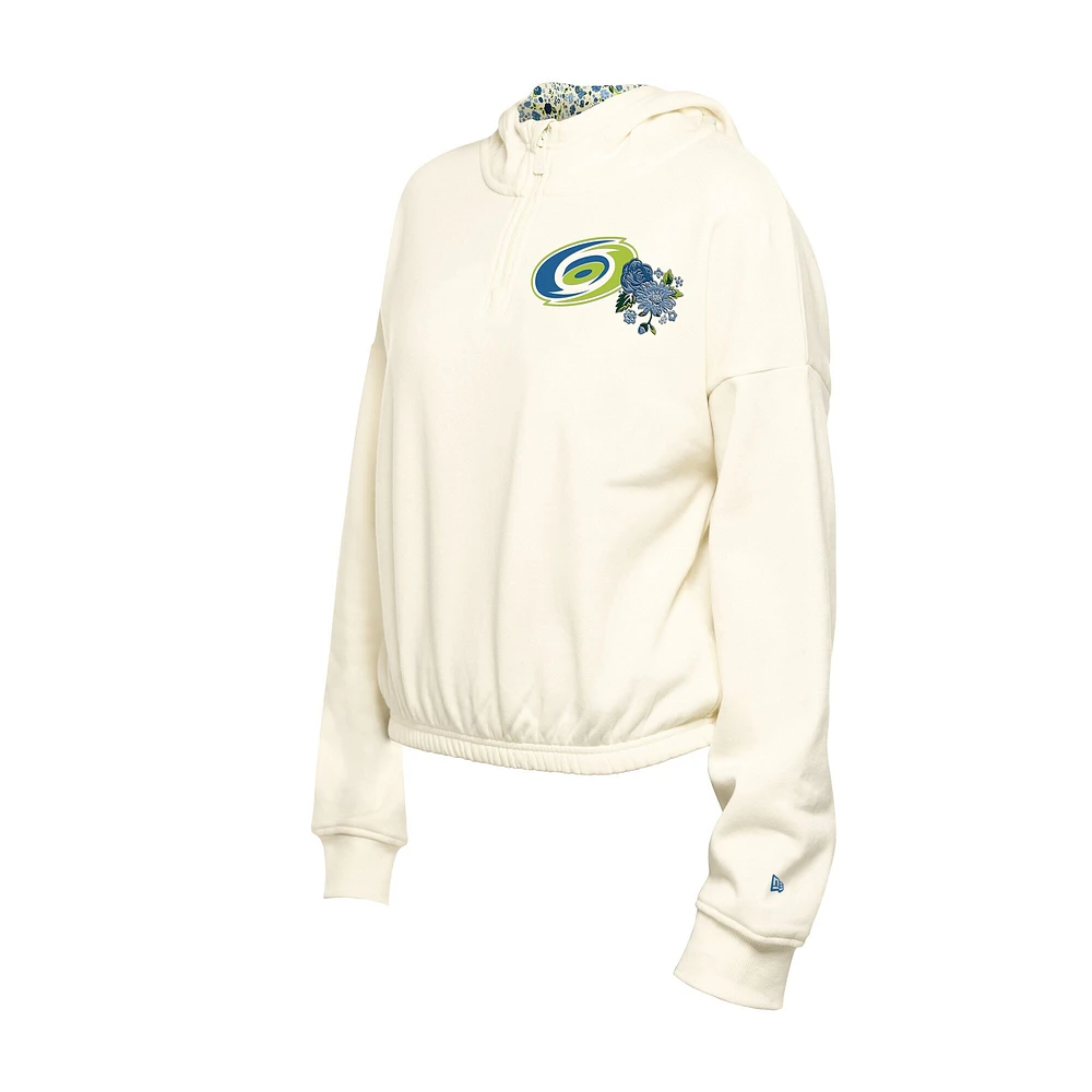 Women's New Era Cream Carolina Hurricanes Glam Game Quarter-Zip Cropped Floral Hoodie Pullover