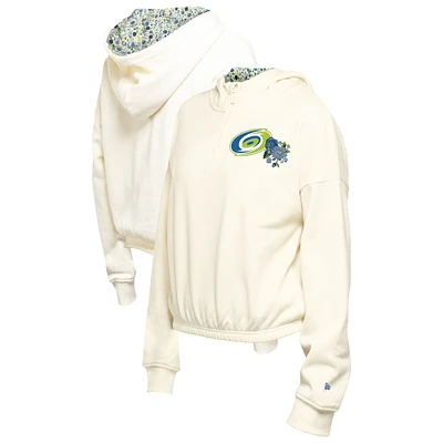 Women's New Era Cream Carolina Hurricanes Glam Game Quarter-Zip Cropped Floral Hoodie Pullover