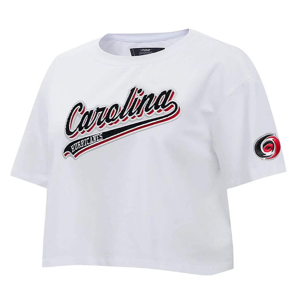 Women's Pro Standard White Carolina Hurricanes Boxy Script Tail Cropped T-Shirt