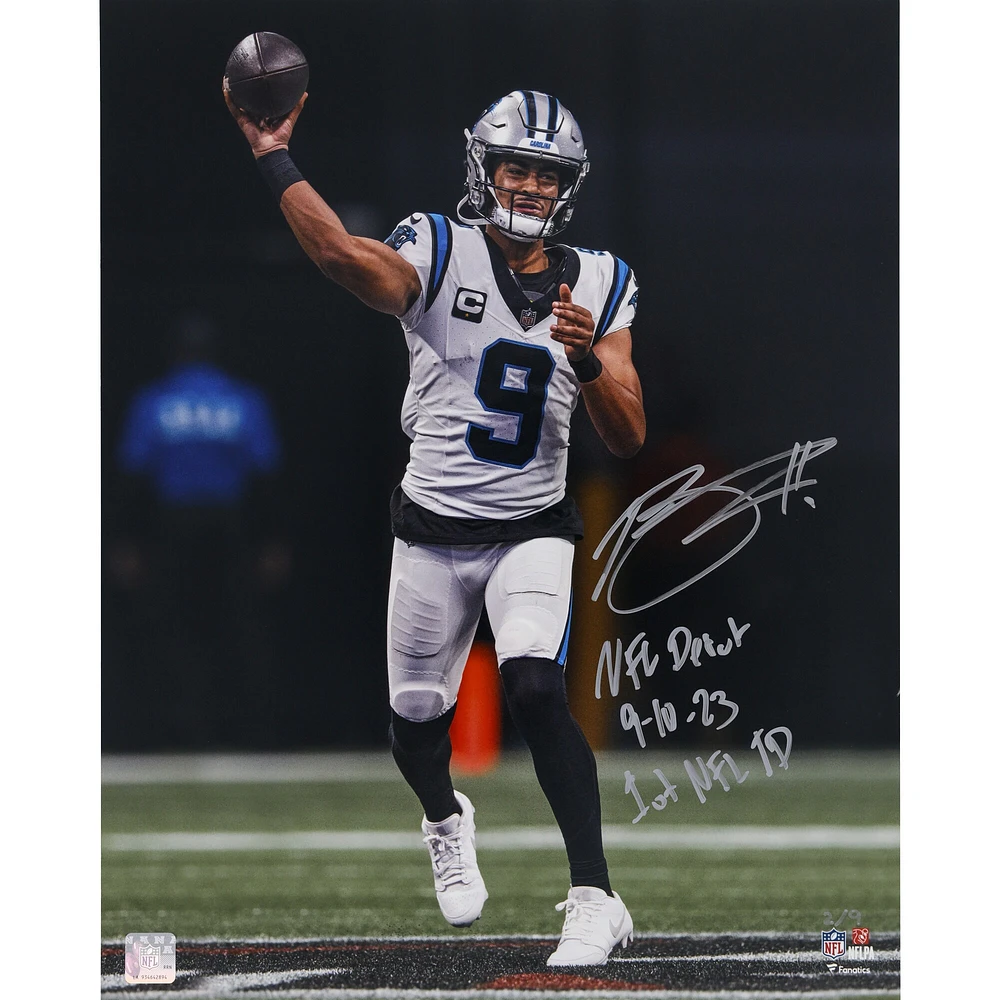 Bryce Young Carolina Panthers Autographed 16" x 20" Debut Photograph with "NFL Debut 9-10-23" and "1st NFL TD" Inscriptions - Limited Edition of 9