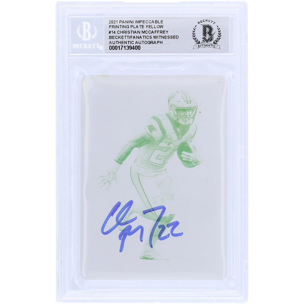 Christian McCaffrey Carolina Panthers Autographed 2021 Panini Impeccable Yellow Printing Plate #14 #1/1 Beckett Fanatics Witnessed Authenticated Card 