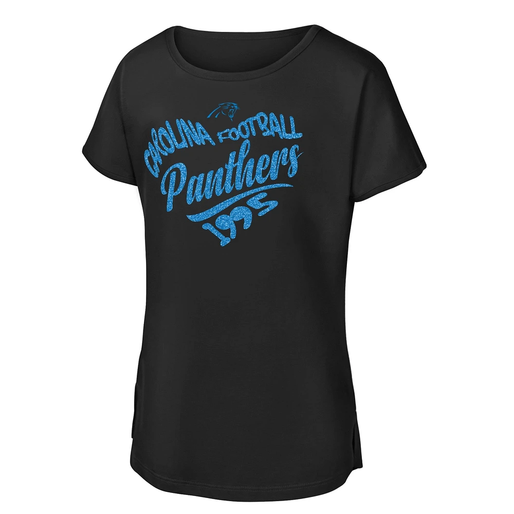 T-shirt noir pour jeunes filles avec inscription en forme de cœur Dolman des Carolina Panthers