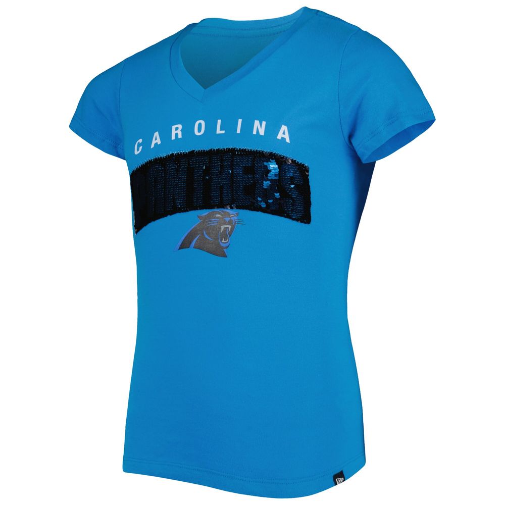 Girls Youth New Era Blue Carolina Panthers Reverse Sequin Wordmark V-Neck T-Shirt