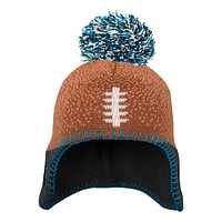 Bonnet tricoté marron pour bébé avec pompon et motif tête de football des Carolina Panthers