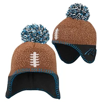 Bonnet tricoté marron pour bébé avec pompon et motif tête de football des Carolina Panthers