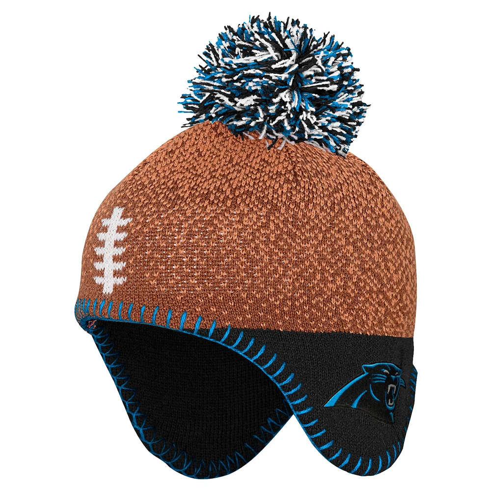 Bonnet tricoté marron pour bébé avec pompon et motif tête de football des Carolina Panthers