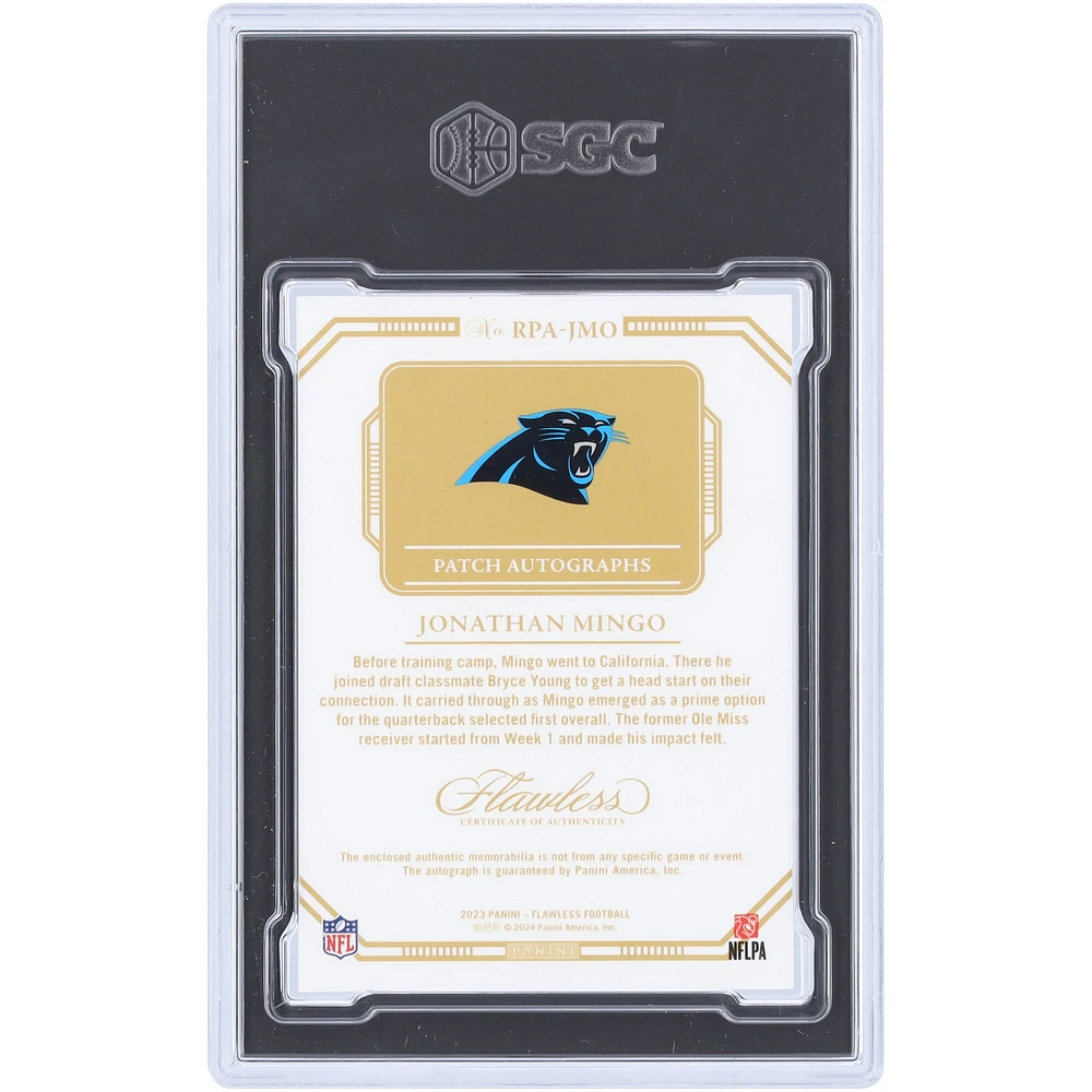 Jonathan Mingo Carolina Panthers Autographed 2023 Panini Flawless Silver 2 Color Relic Rookie Patch Autograph #RPA-JMO #/20 SGC Authenticated 9.5/10 Card