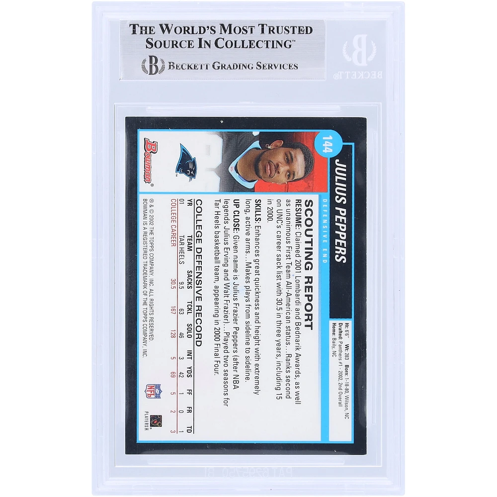 Julius Peppers Carolina Panthers Autographed 2002 Bowman #144 Beckett Fanatics Witnessed Authenticated Rookie Card