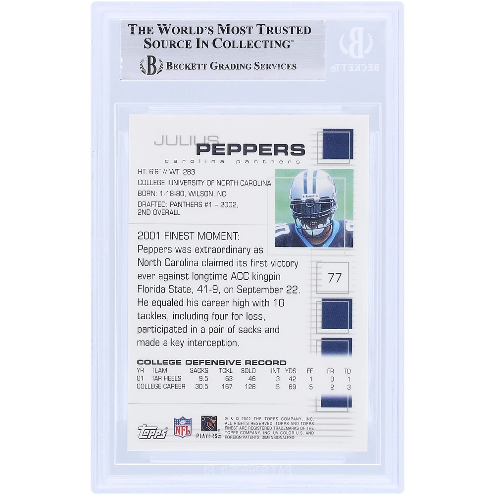 Julius Peppers Carolina Panthers Autographed 2002 Topps Finest #77 Beckett Fanatics Witnessed Authenticated Rookie Card