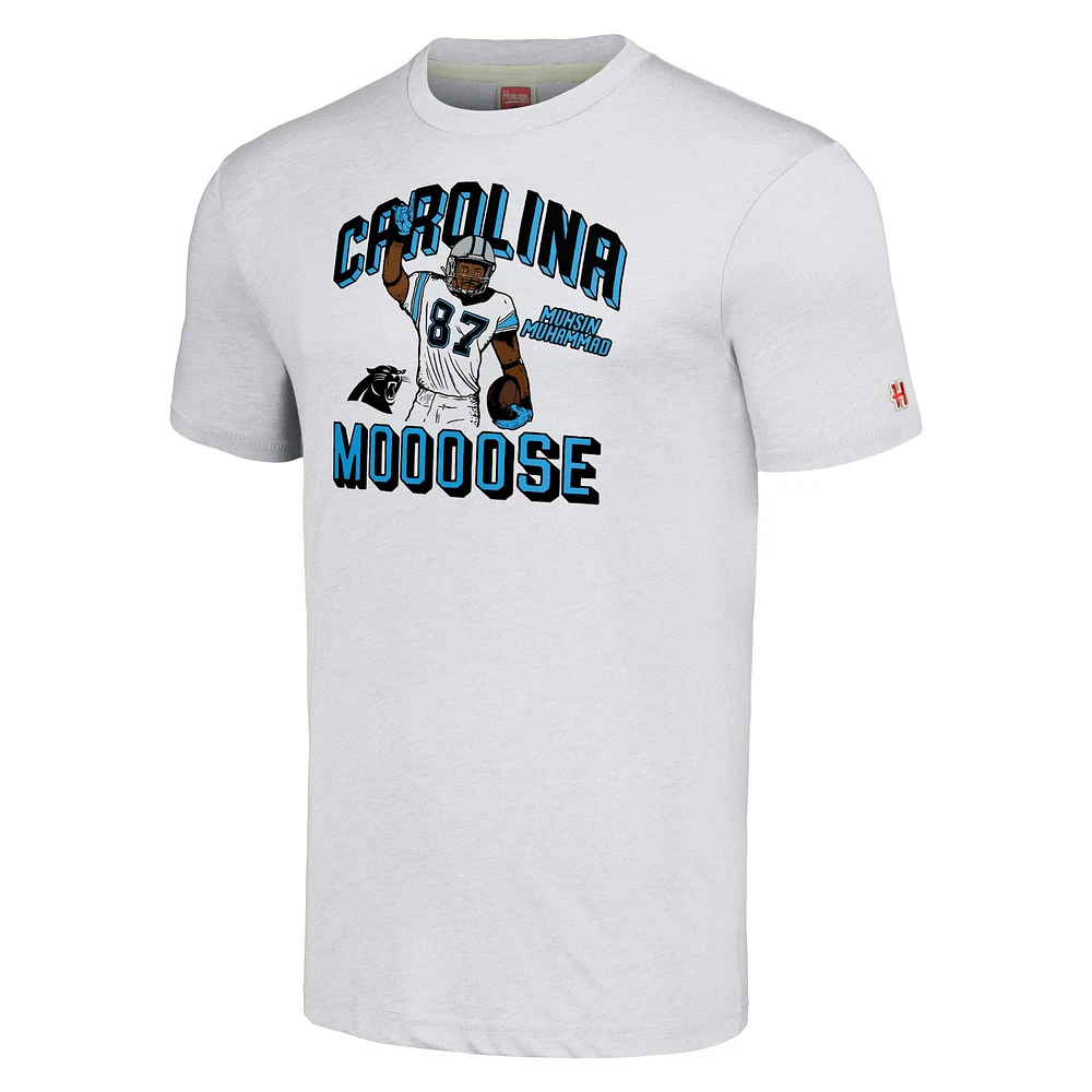 Men's Homage  Muhsin Muhammad Heathered Ash Carolina Panthers Caricature Retired Player Tri-Blend T-Shirt