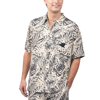 Men's Margaritaville Tan Carolina Panthers Sand Washed Monstera Print Party Button-Up Shirt