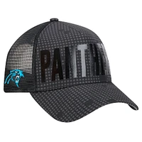 Men's New Era Black Carolina Panthers  Midnight Ink Tonal Text A-Frame Trucker 9FORTY Adjustable Hat