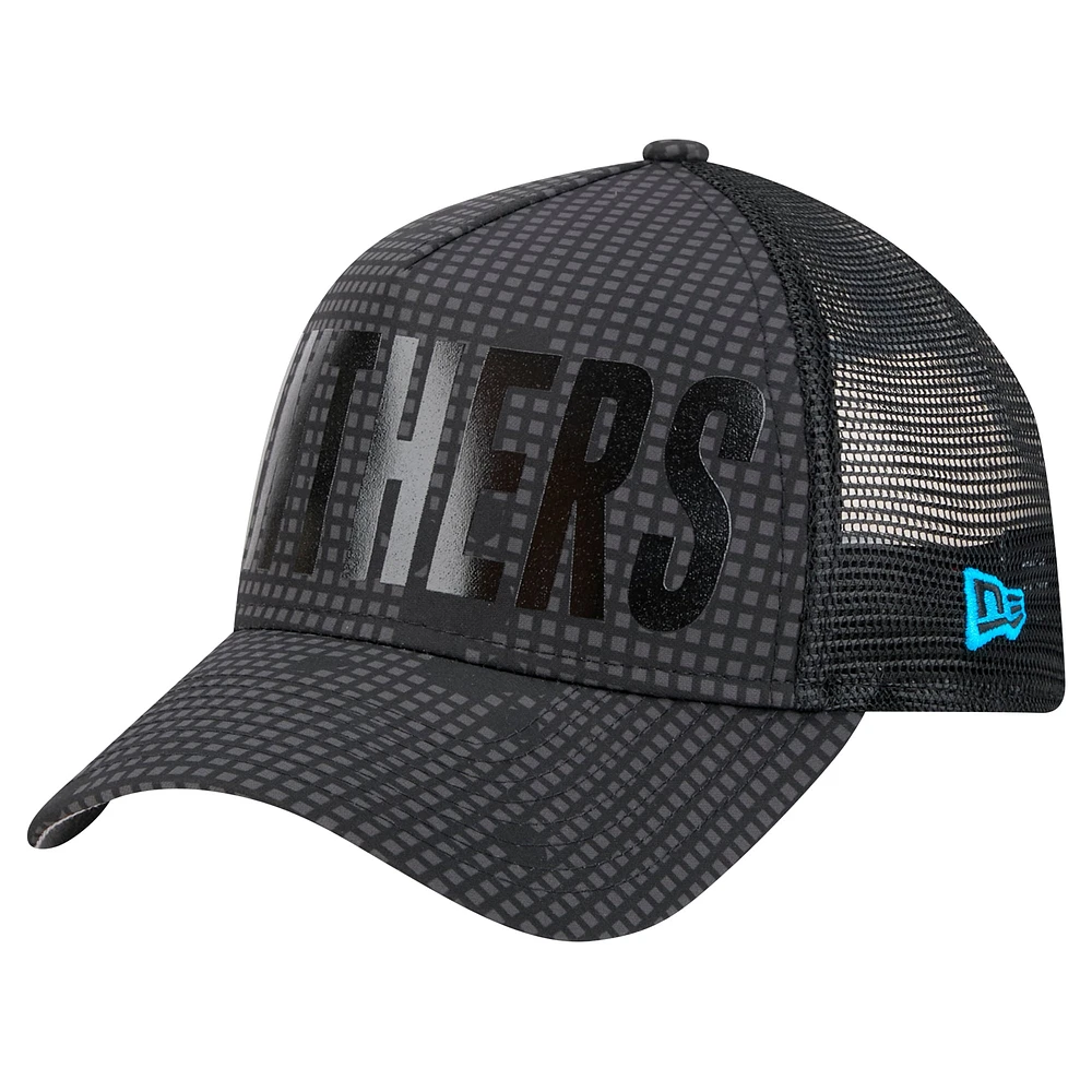 Men's New Era Black Carolina Panthers  Midnight Ink Tonal Text A-Frame Trucker 9FORTY Adjustable Hat