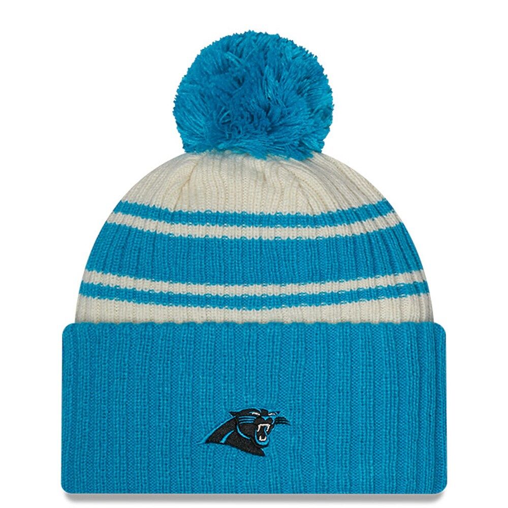 Men's New Era Cream/Blue Carolina Panthers 2022 Sideline - Sport Cuffed Pom Knit Hat