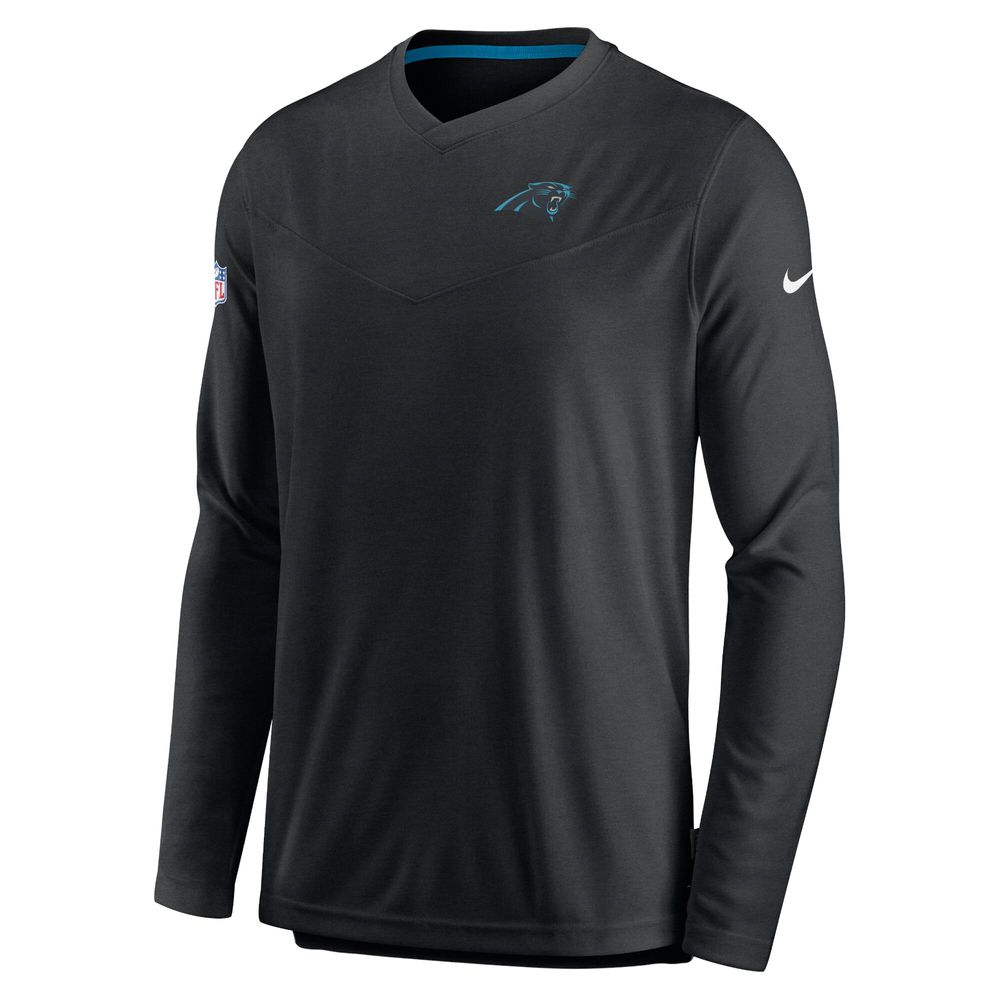 Men's Nike Black Carolina Panthers Sideline Coach Chevron Lock Up Long Sleeve V-Neck Performance T-Shirt