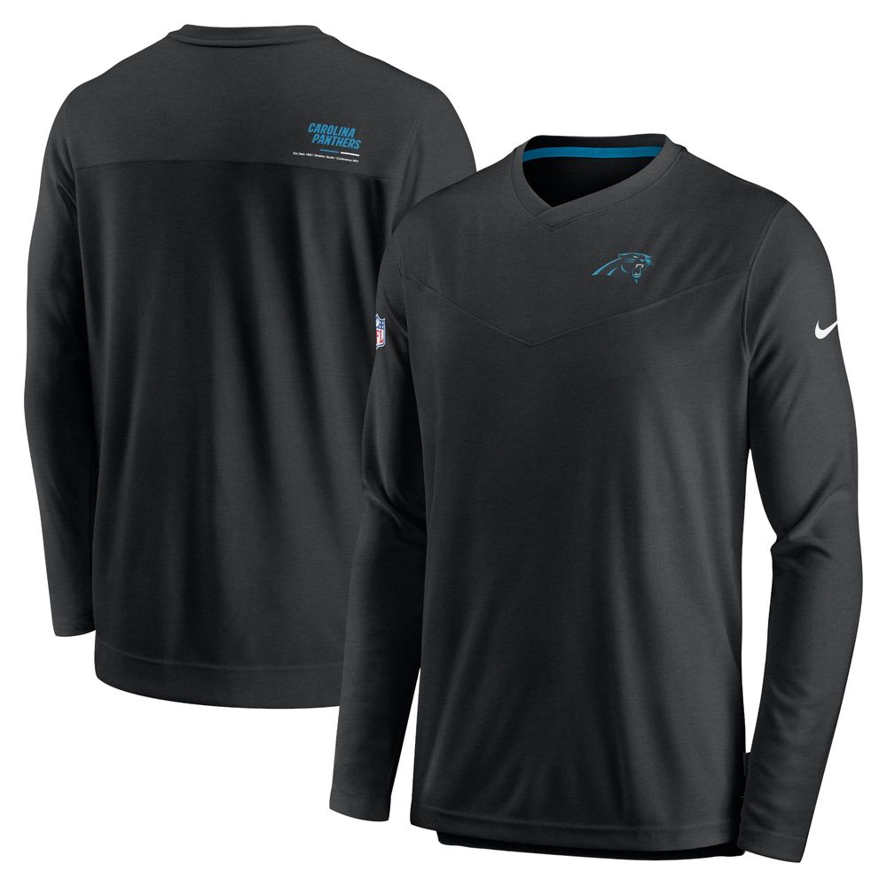 Men's Nike Black Carolina Panthers Sideline Coach Chevron Lock Up Long Sleeve V-Neck Performance T-Shirt