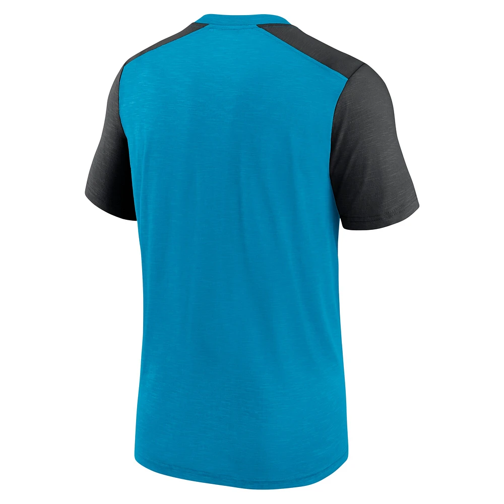 Men's Nike Heathered Blue/Heathered Black Carolina Panthers Color Block Team Name T-Shirt