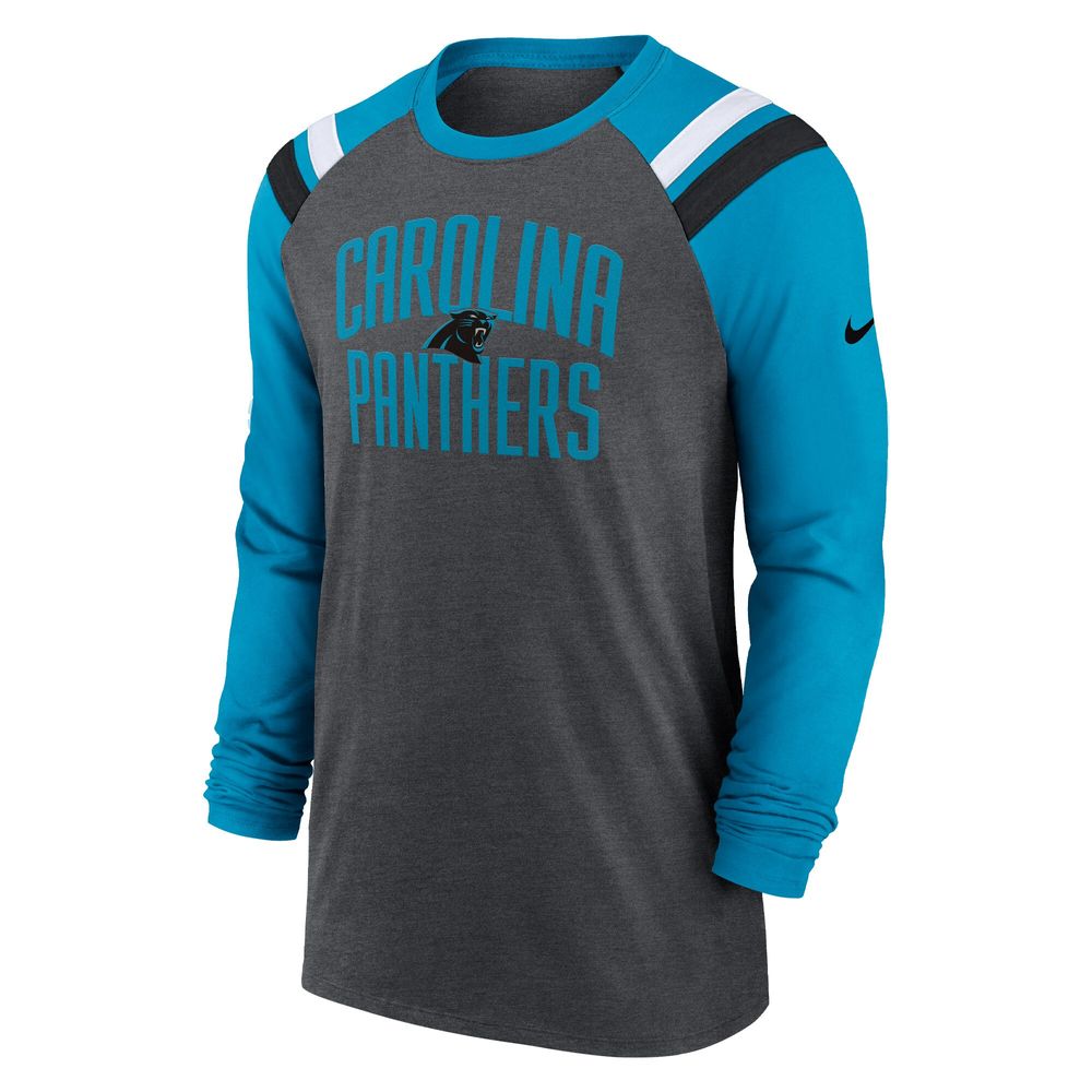 Men's Nike Heathered Charcoal/Blue Carolina Panthers Tri-Blend Raglan Athletic Long Sleeve Fashion T-Shirt