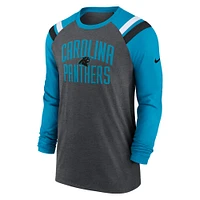 T-shirt à manches longues raglan athlétique tri-mélange anthracite chiné/bleu Carolina Panthers Nike pour homme