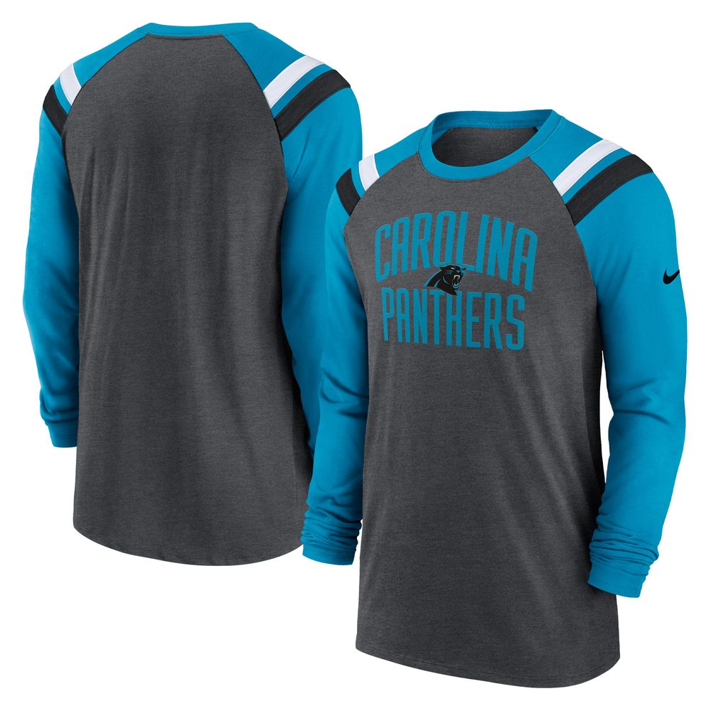 Men's Nike Heathered Charcoal/Blue Carolina Panthers Tri-Blend Raglan Athletic Long Sleeve Fashion T-Shirt