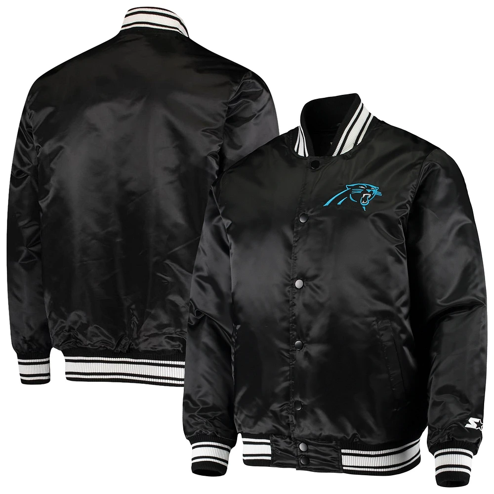 Men's Starter Black Carolina Panthers Locker Room Satin Varsity Full-Snap Jacket