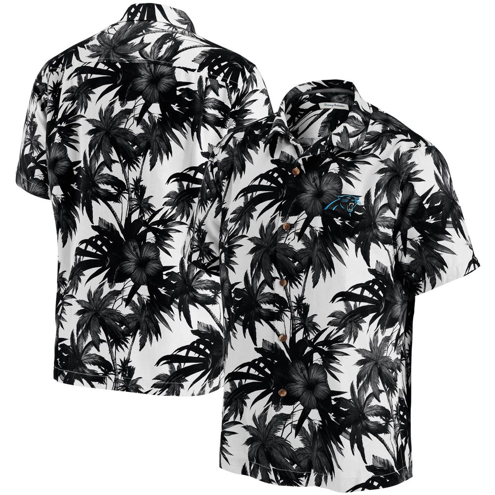 Men's Tommy Bahama Black Carolina Panthers Sport Harbor Island Hibiscus Camp Button-Up Shirt