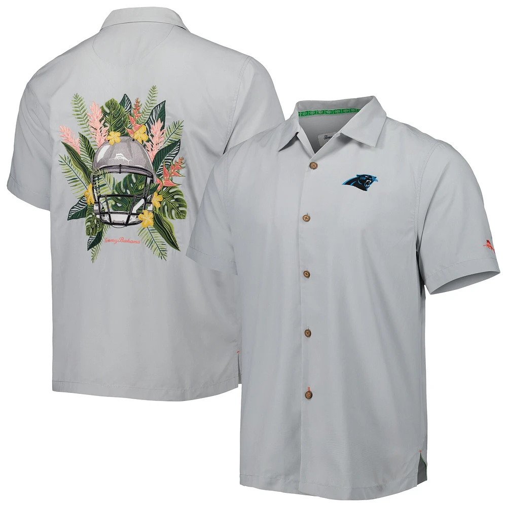 Chemise boutonnée pour homme Tommy Bahama Grey Carolina Panthers Coconut Point Frondly Fan Camp IslandZone