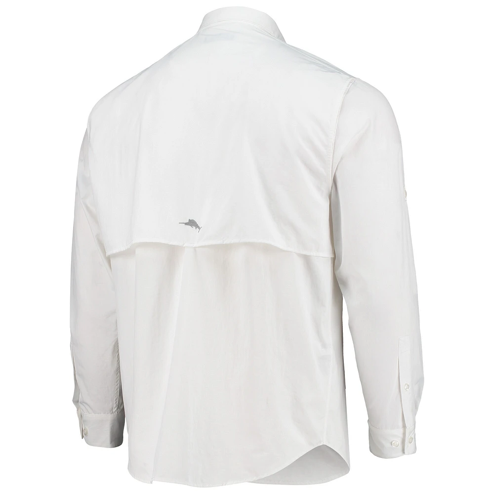 Chemise boutonnée à manches longues Tommy Bahama blanche Carolina Panthers Reel Deel IslandZone pour hommes