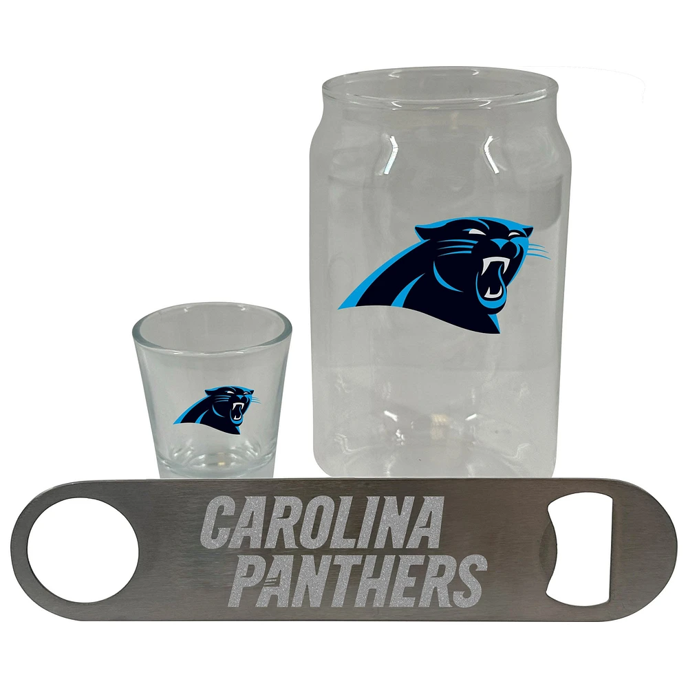 Ensemble de trois verres à bière Carolina Panthers de The Memory Company, verre à liqueur de 2 oz et décapsuleur