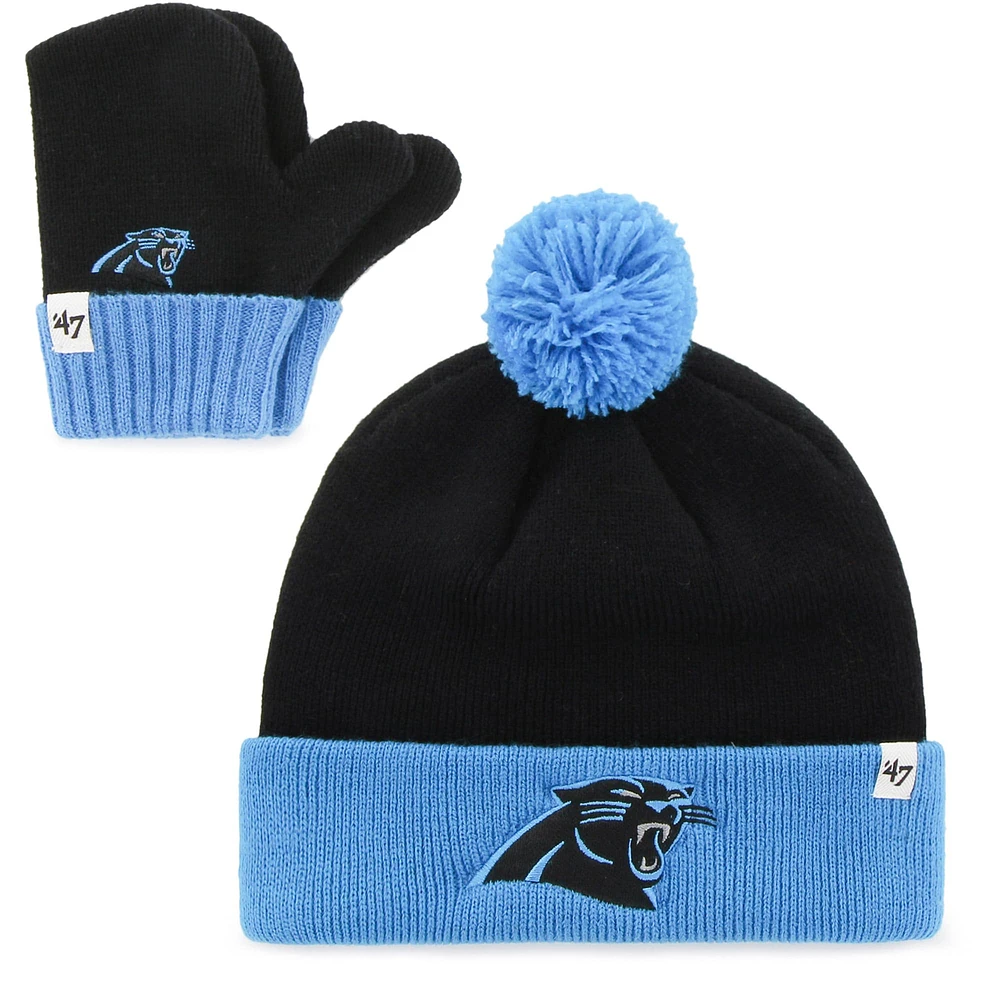 Toddler '47 Black/Blue Carolina Panthers Bam Bam Cuffed Knit Hat with Pom and Mittens Set