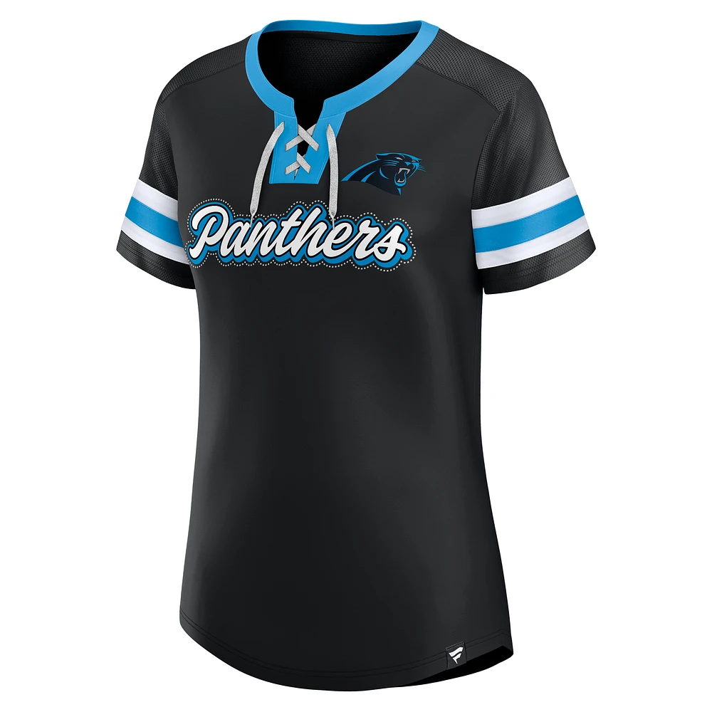 Women's Fanatics  Black Carolina Panthers True Catch Iconic Rhinestone Bling Athena Lace-Up T-Shirt