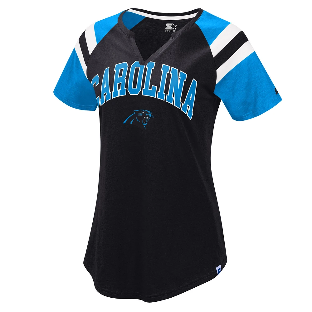 Women's Starter  Black Carolina Panthers Game On Notch Neck Raglan T-Shirt