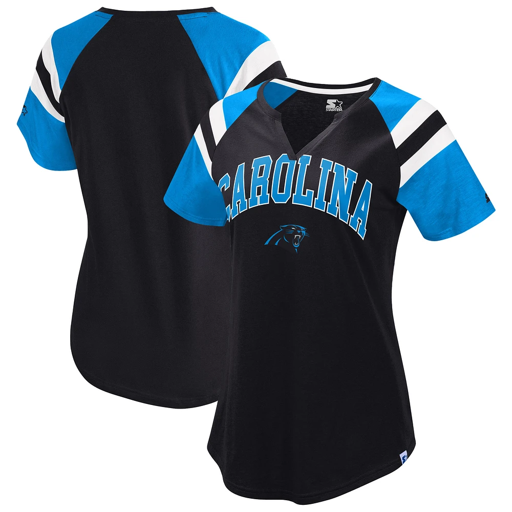 Women's Starter Black Carolina Panthers Game On Notch Neck Raglan T-Shirt