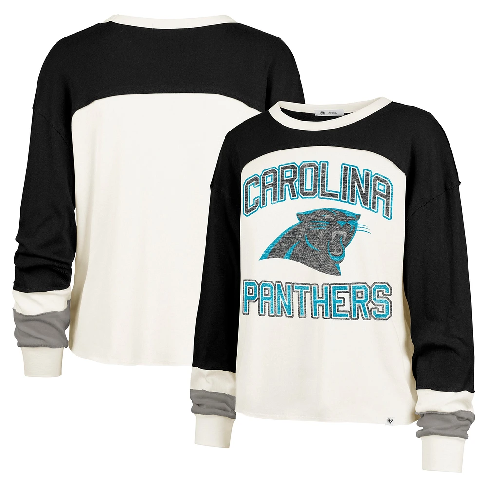 Women's '47 Cream Carolina Panthers Double Header Curve Raglan Long Sleeve Crop Top