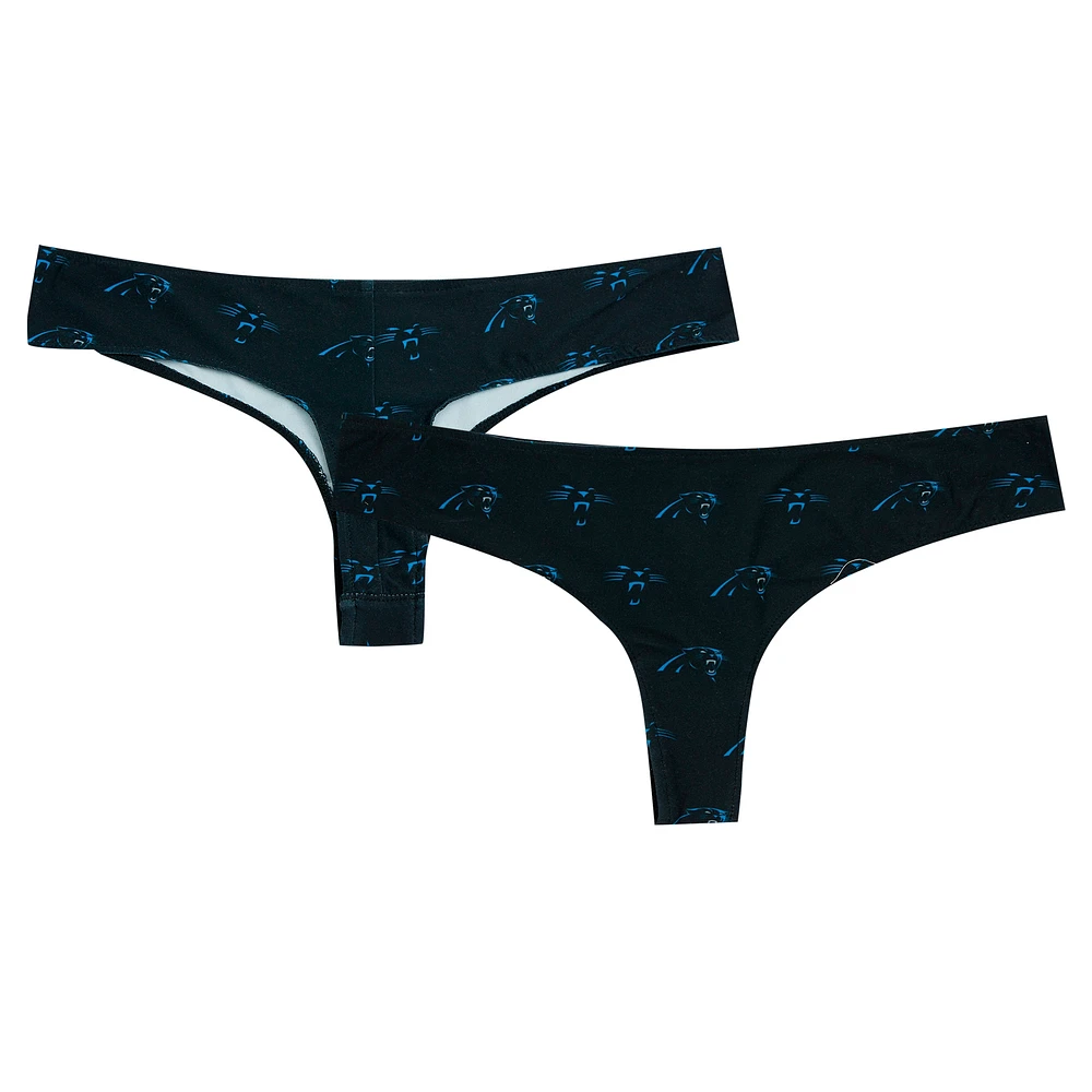 Women's Concepts Sport Black Carolina Panthers Record Allover Print Knit Thong