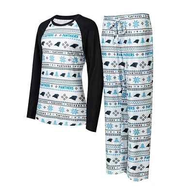 Ensemble de nuit Concepts Sport blanc/noir Carolina Panthers Tinsel raglan avec t-shirt et pantalon à manches longues pour femmes