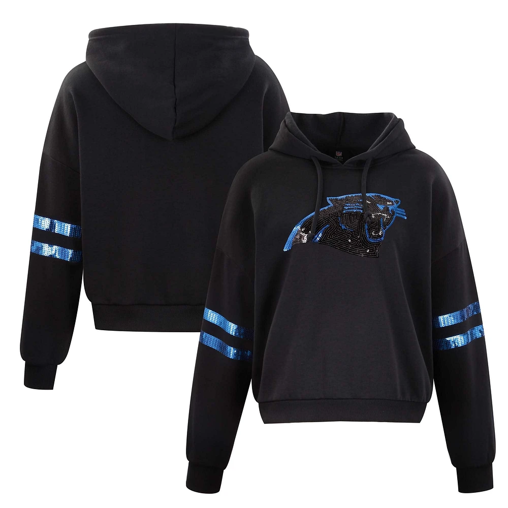 Women's Cuce Black Carolina Panthers Cropped Sequins Pullover Hoodie