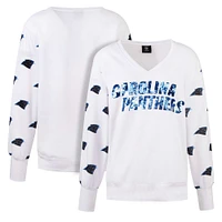 T-shirt à col en V polaire paillettes pour femmes Cuce White Carolina Panthers