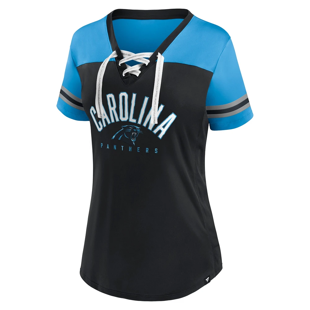 Women's Fanatics Black/Blue Carolina Panthers Blitz & Glam Lace-Up V-Neck Jersey T-Shirt