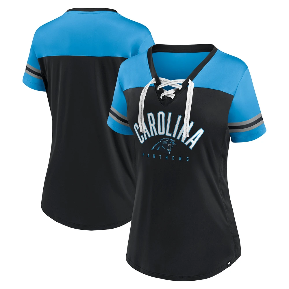 T-shirt en jersey à lacets et col V Fanatics pour femmes, noir/bleu, Carolina Panthers Blitz & Glam